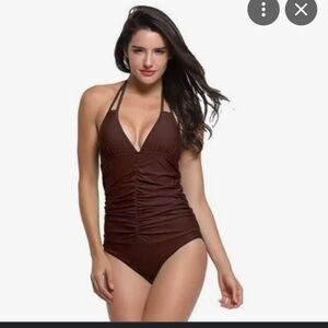 Upopby Halter One Piece Swimsuits Ruched Tummy‎ Control Swimwear size  10 NWT